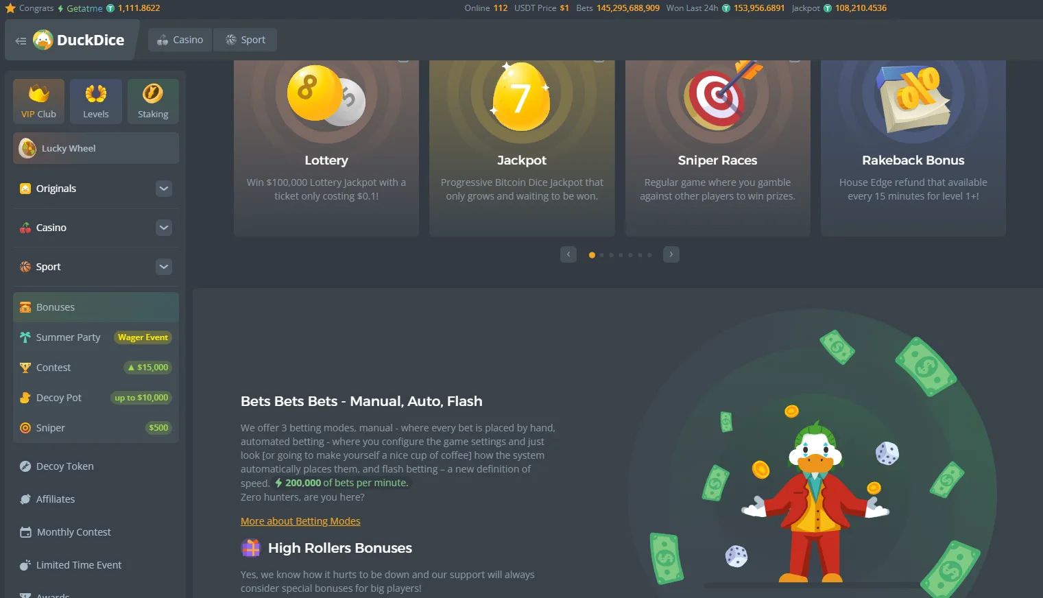 DuckDice Casino slots and live games